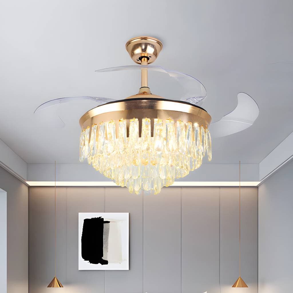Ventoinha de teto Cascade com luz LED retangular de cristal, dourada, 4 pás, 19′′ – product detail view 5
