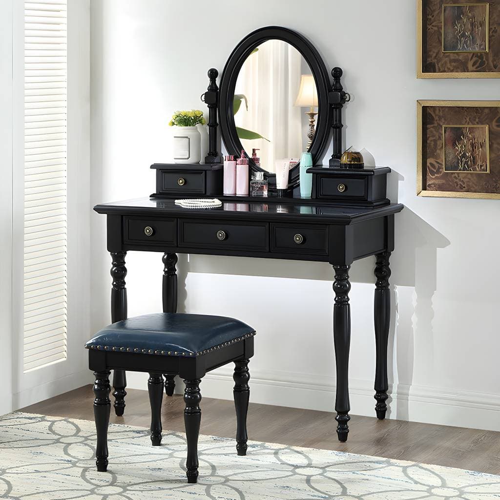 Toucador tradicional em madeira castanho, preto ou branco – 39"L x 18"W x 56"H / Black / Makeup Vanity & Mirror & Stools option