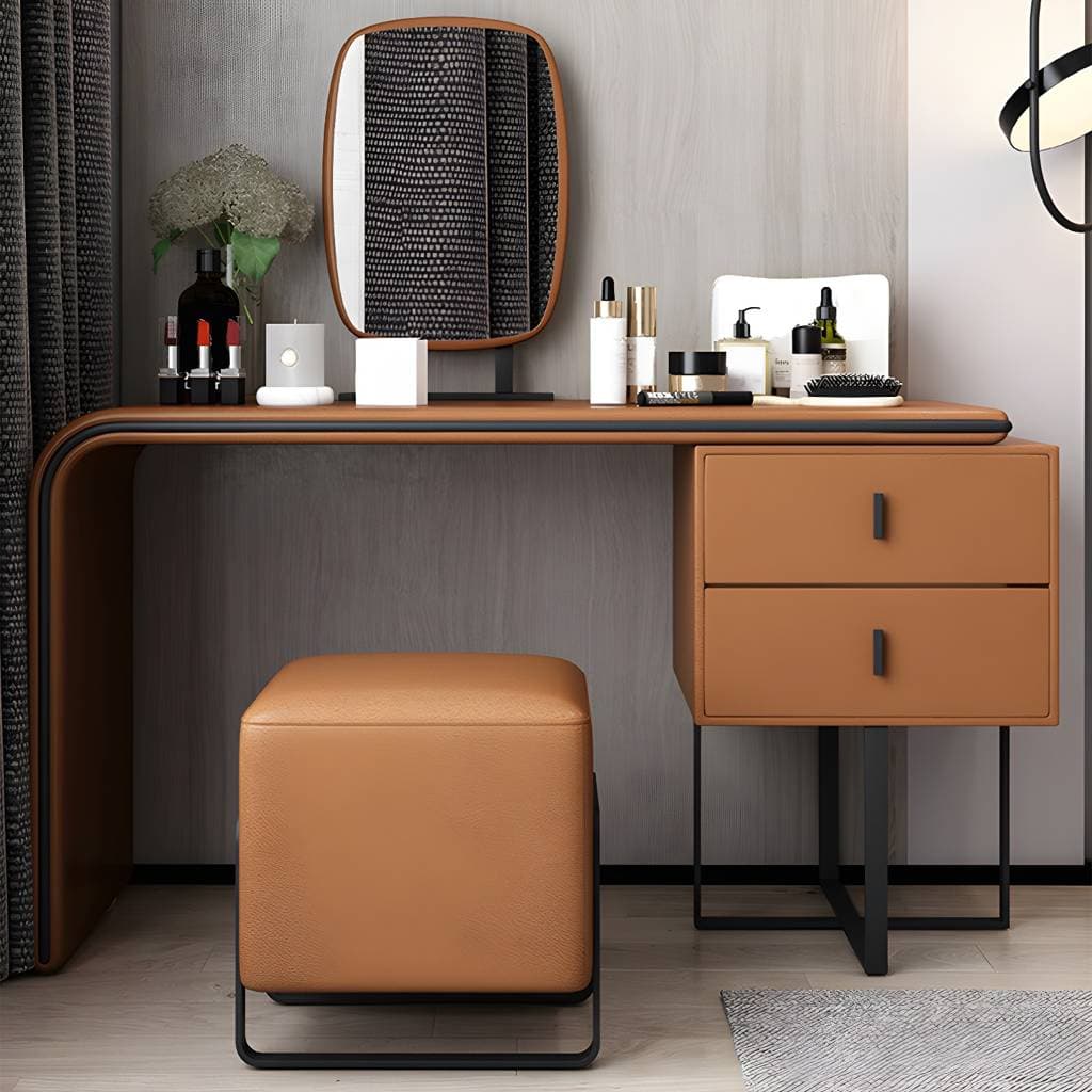 Toucador em pele sintética com espelho e banco, 28,74 polegadas – 31.5"L x 19.7"W x 29.5"H / Orange / Makeup Vanity & Mirror & Stools option