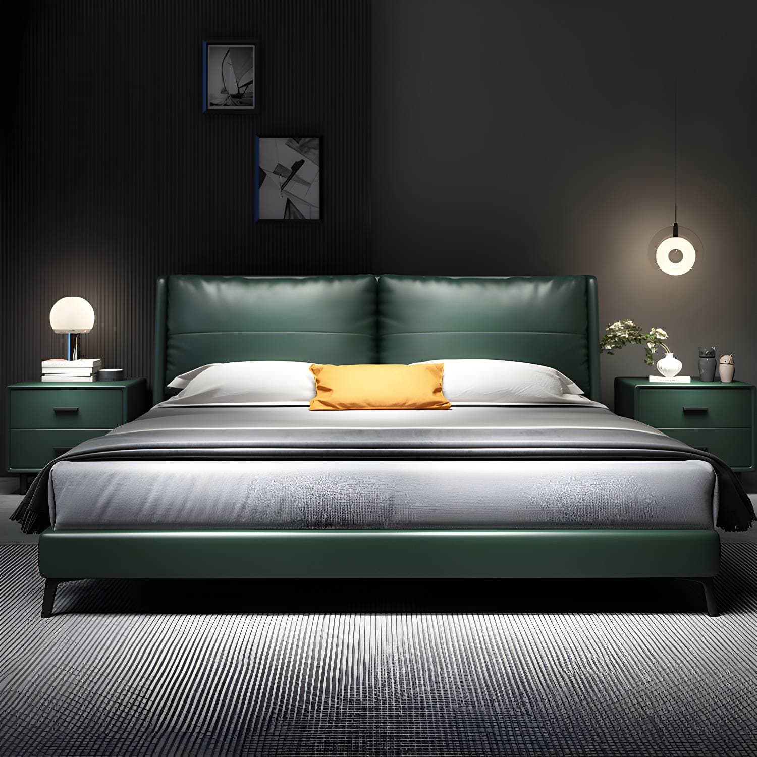 Scandinavian Wooden Panel Bed Green Genuine Leather Standard Bed – Full / Bed & Mattress / Coir option