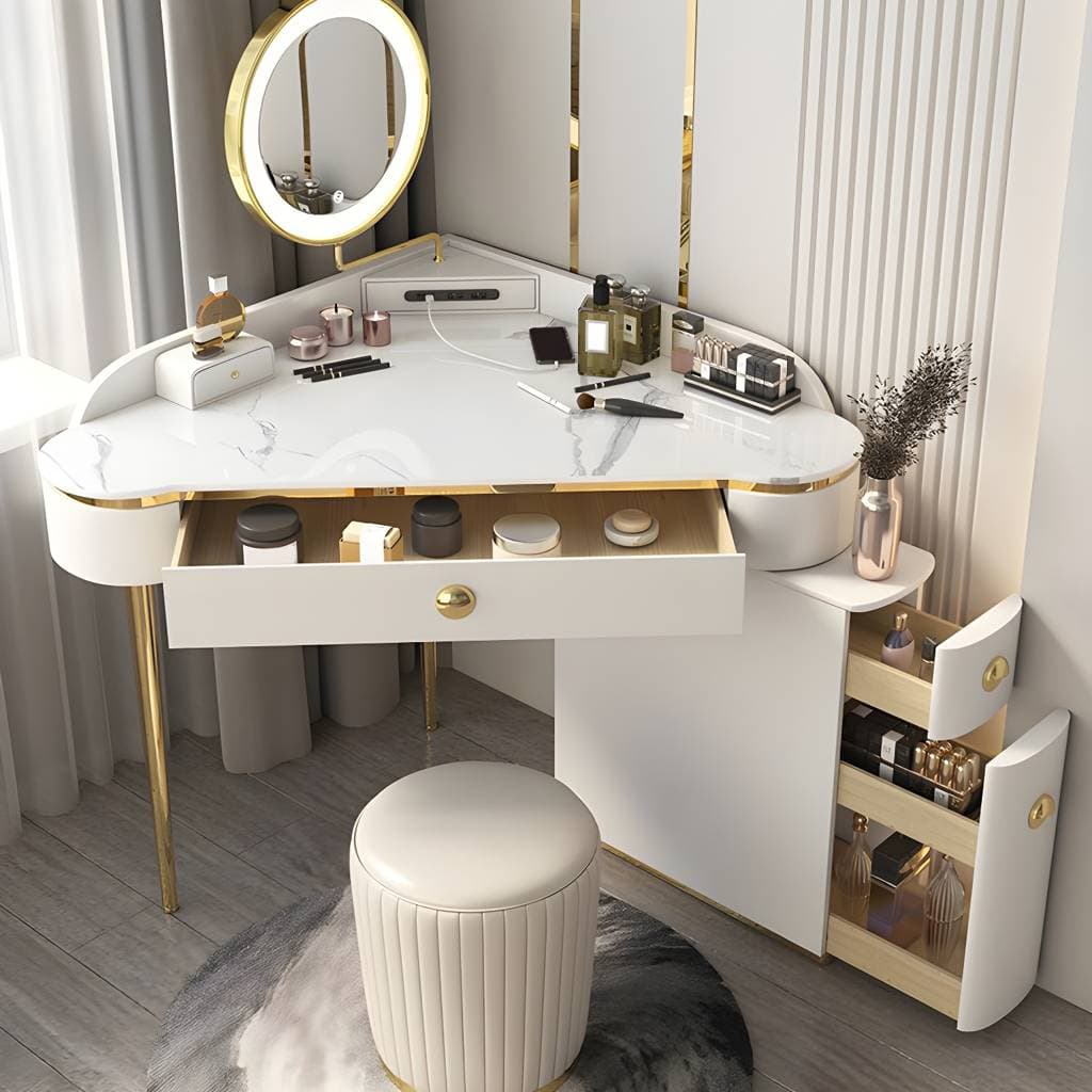 Glam Style Rock Slab Vanity with 3 Drawers White/pink Metal Base – product detail view 2