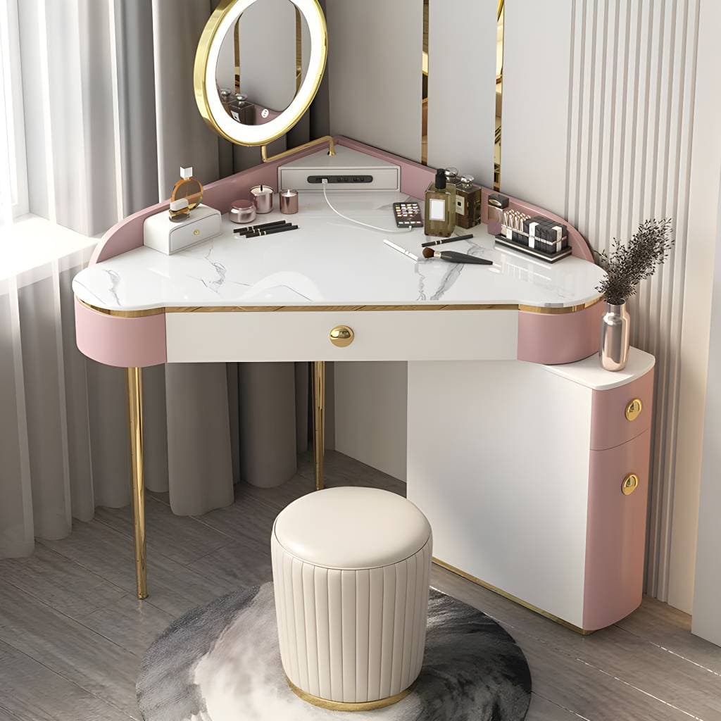 Glam Style Rock Slab Vanity with 3 Drawers White/pink Metal Base – product detail view 3