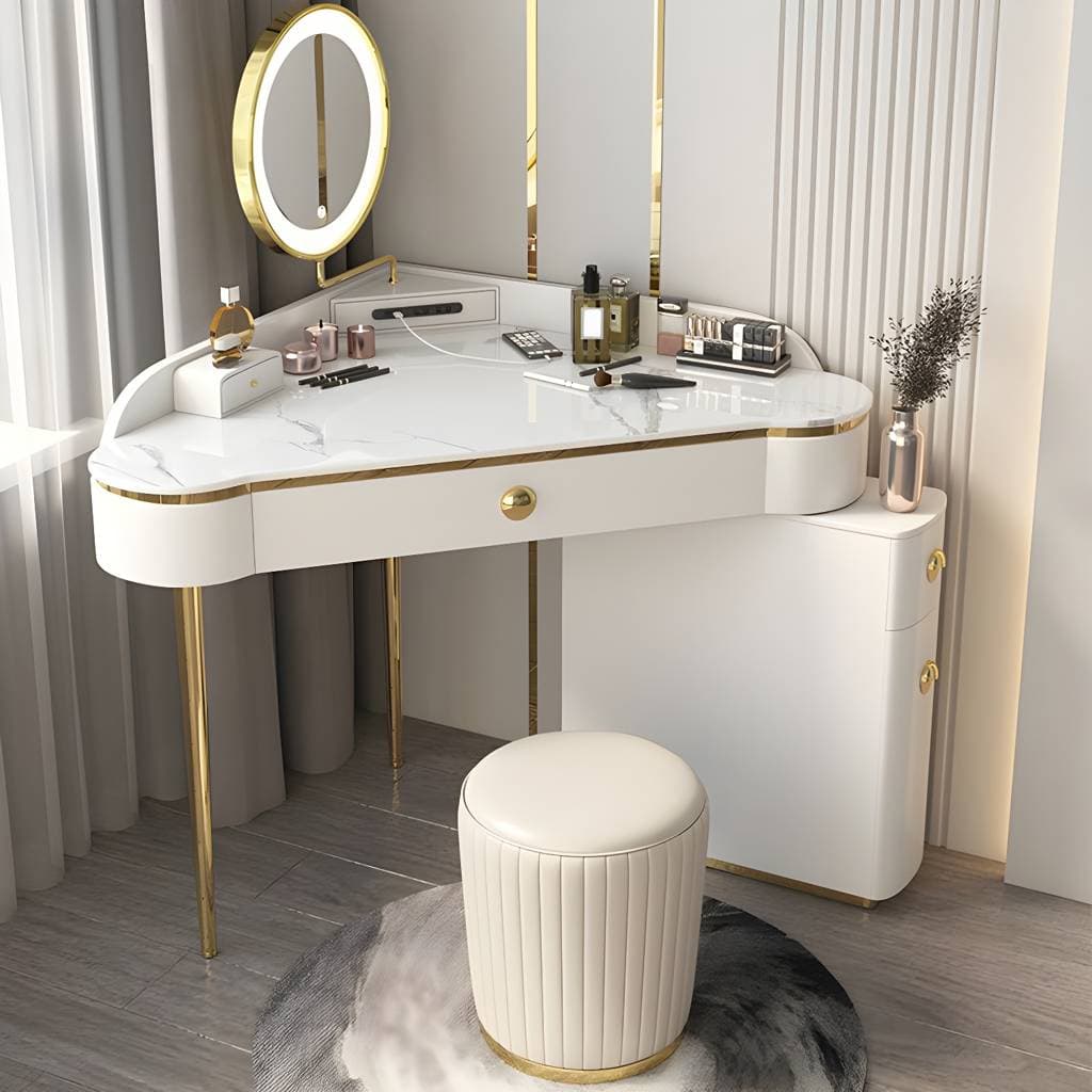 Glam Style Rock Slab Vanity with 3 Drawers White/pink Metal Base – product detail view 4