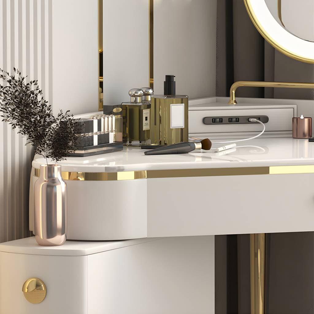 Glam Style Rock Slab Vanity with 3 Drawers White/pink Metal Base – product detail view 7