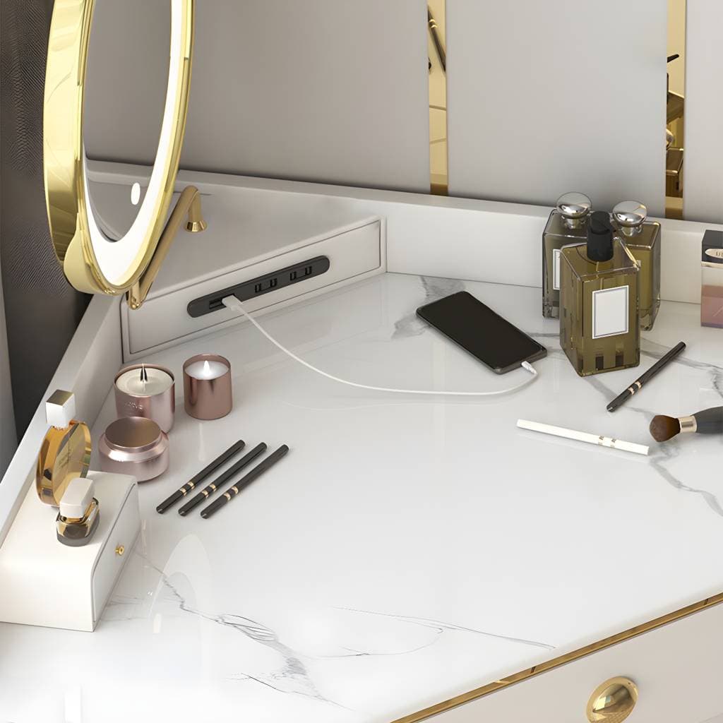 Glam Style Rock Slab Vanity with 3 Drawers White/pink Metal Base – product detail view 9