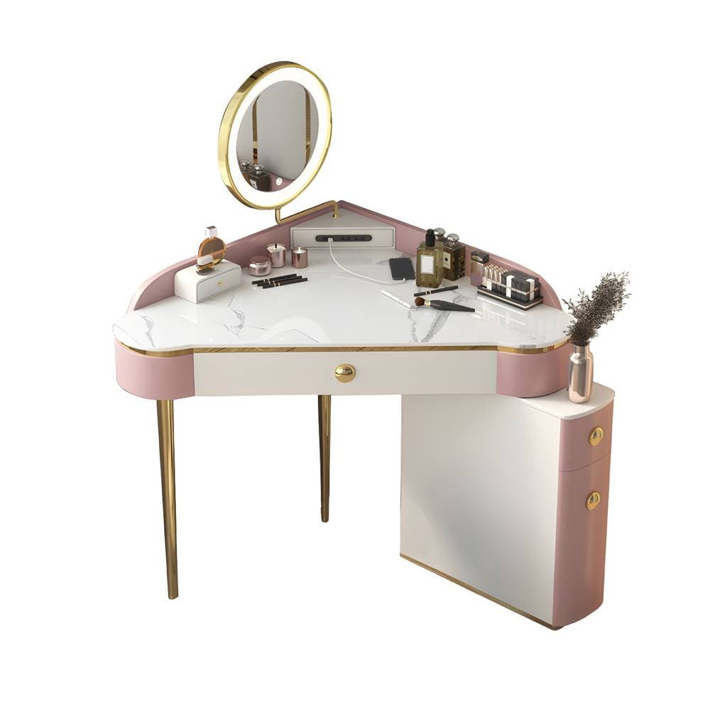 Glam Style Rock Slab Vanity with 3 Drawers White/pink Metal Base – 33.5"L x 25.5"W x 29.5"H / Pink / Makeup Vanity & Mirror option