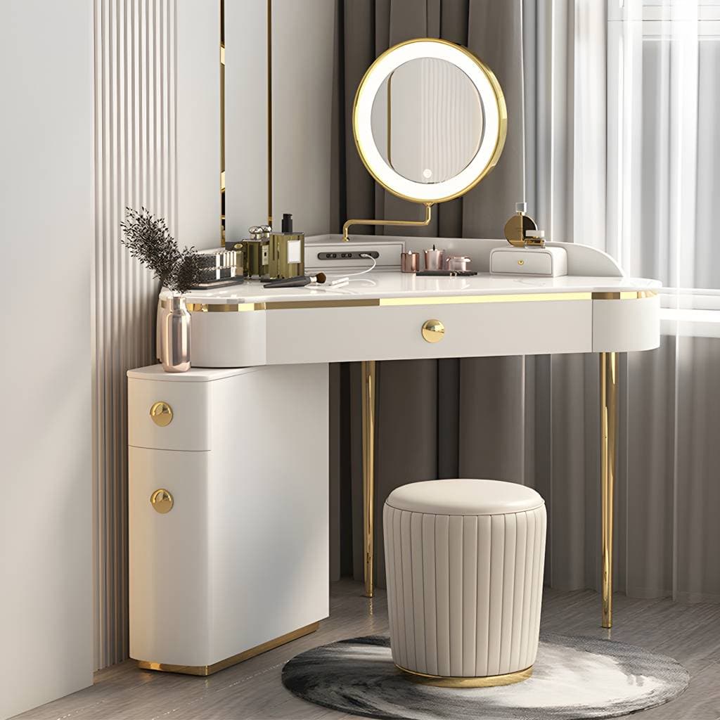 Glam Style Rock Slab Vanity with 3 Drawers White/pink Metal Base – product detail view 13