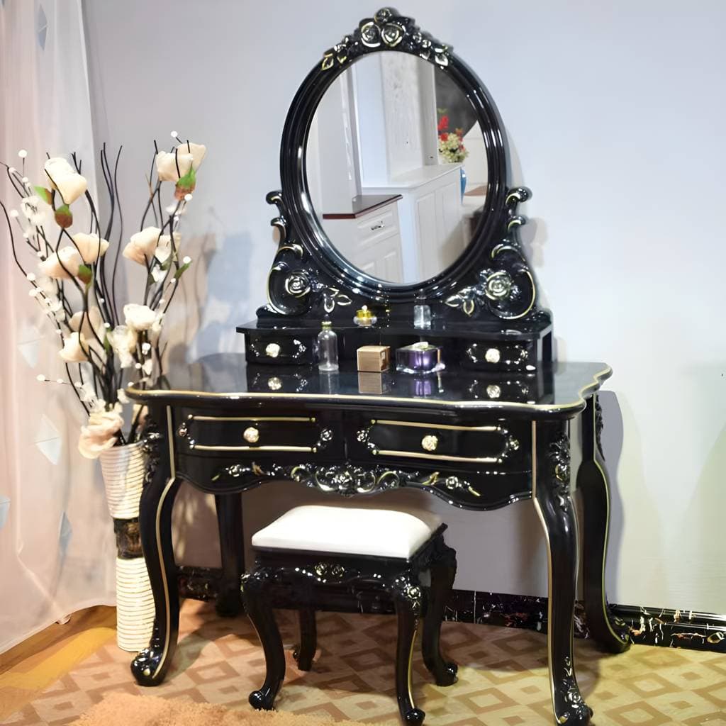 Toucador com banco e 4 gavetas, branco, preto e dourado, 18,89 × 63,77 polegadas – product detail view 6