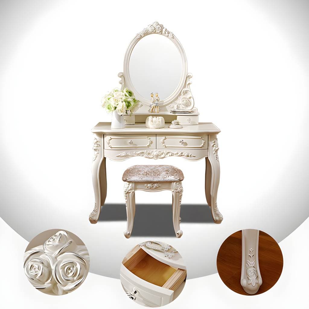 Toucador com banco e 4 gavetas, branco, preto e dourado, 18,89 × 63,77 polegadas – product detail view 7