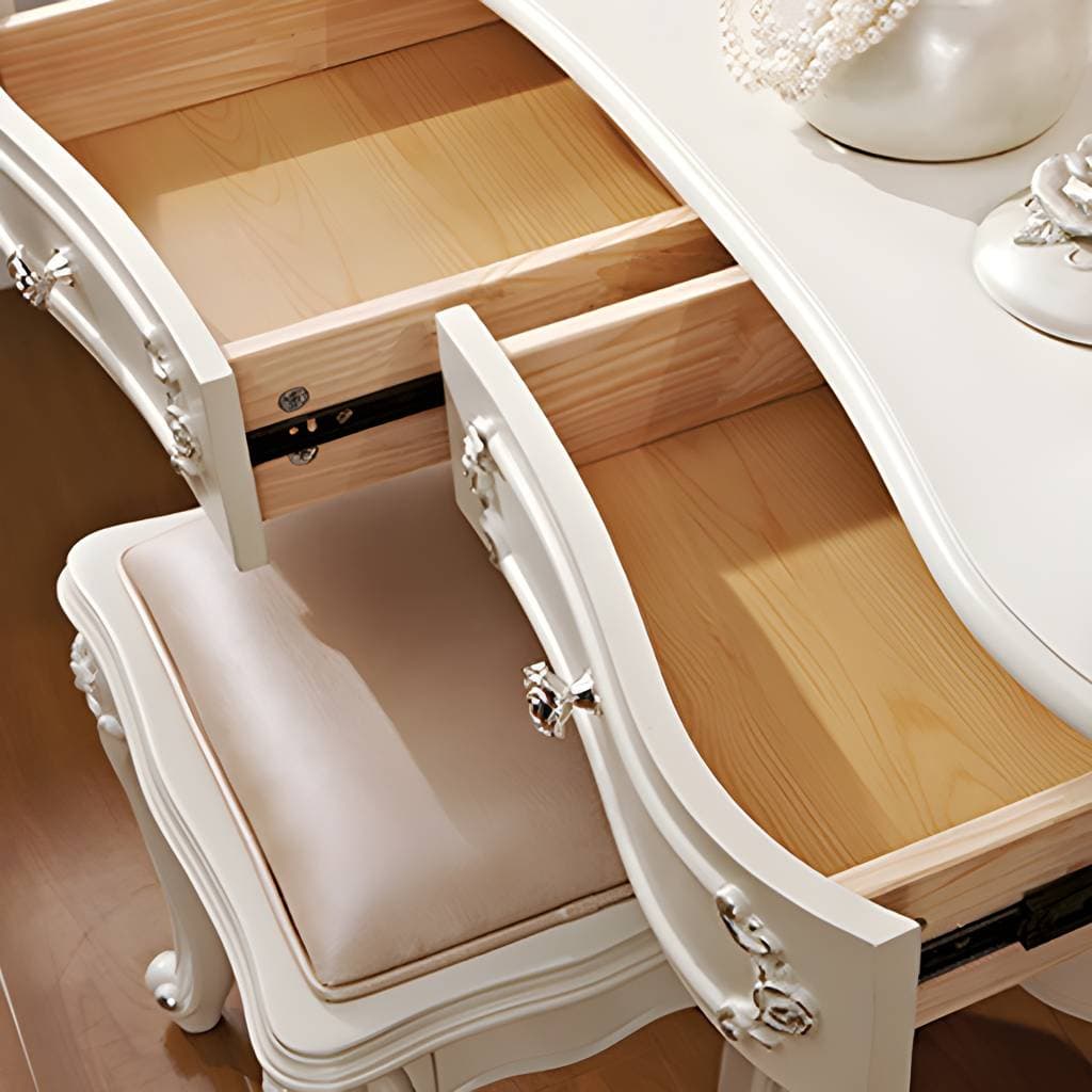 Toucador com banco e 4 gavetas, branco, preto e dourado, 18,89 × 63,77 polegadas – product detail view 14
