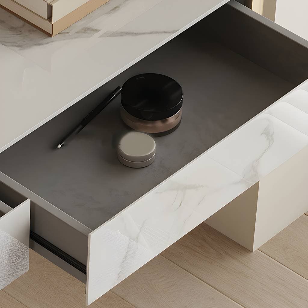 Toucador luxuoso em madeira branca com banco e tampo de pedra – product detail view 8