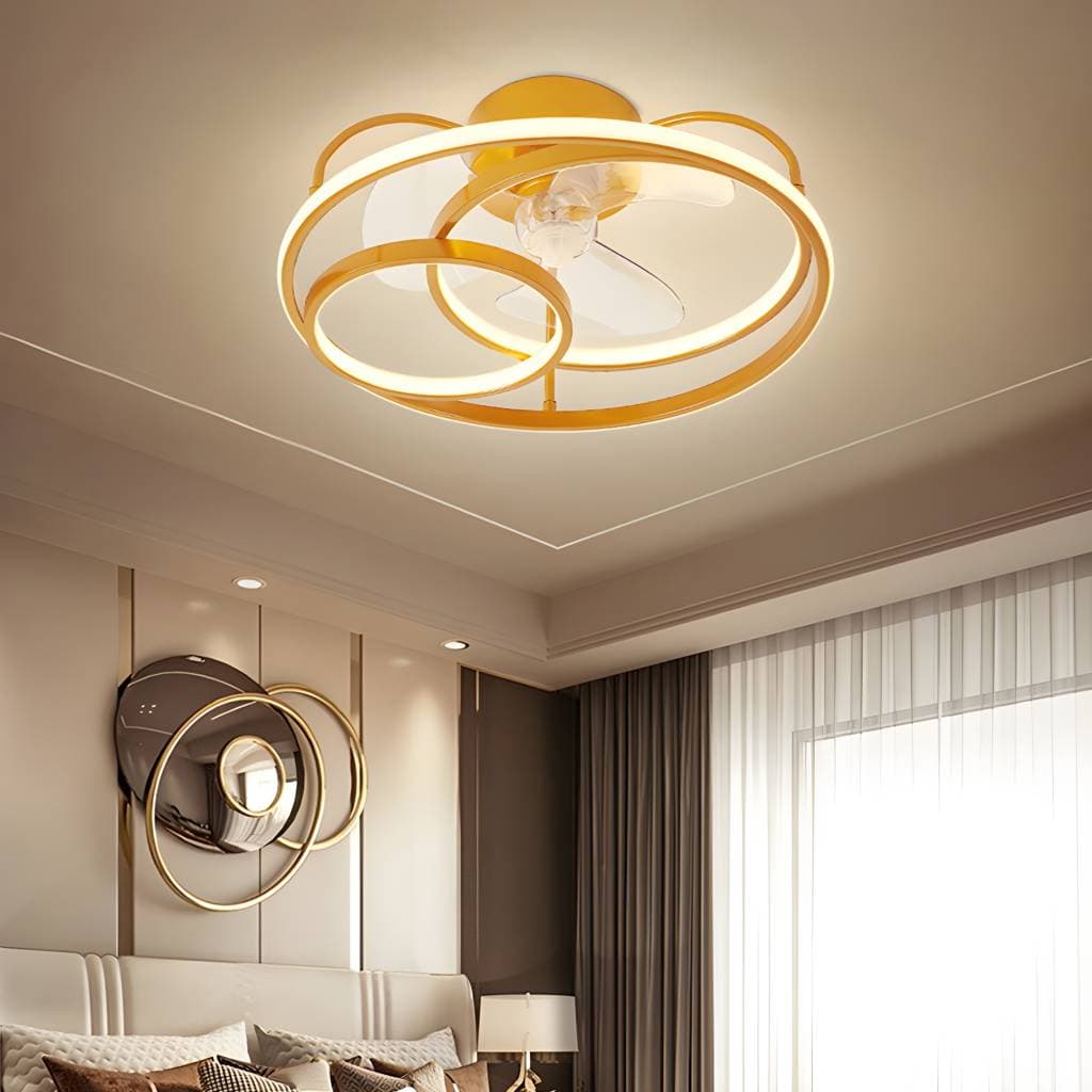 Ventoinha de teto metálica com luz de 3 aros para quarto – product detail view 6