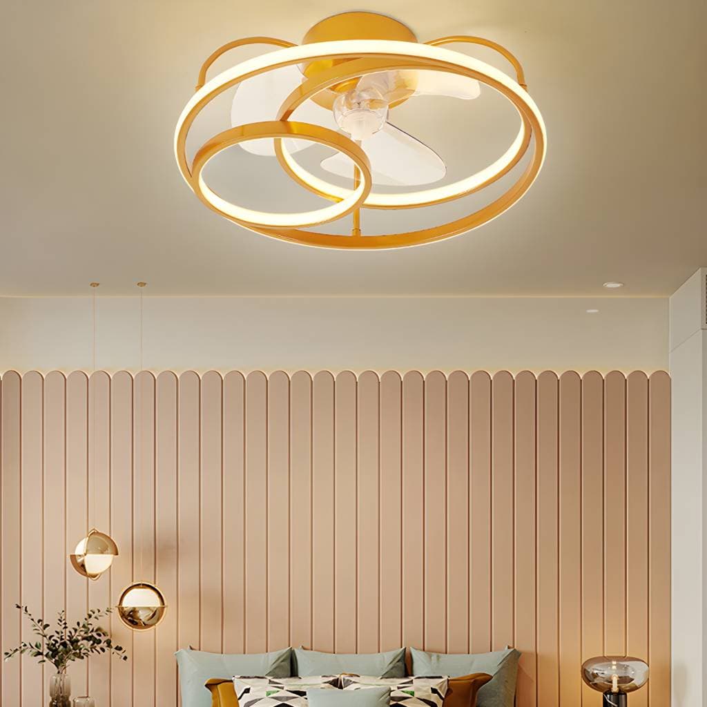 Ventoinha de teto metálica com luz de 3 aros para quarto – product detail view 7