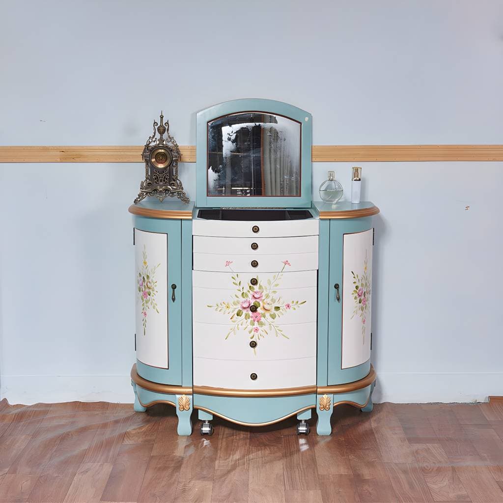 Viktorianischer Schminktisch, 31,8 Zoll hoch, mit 2 Schubladen, Hocker und Spiegel – product detail view 6