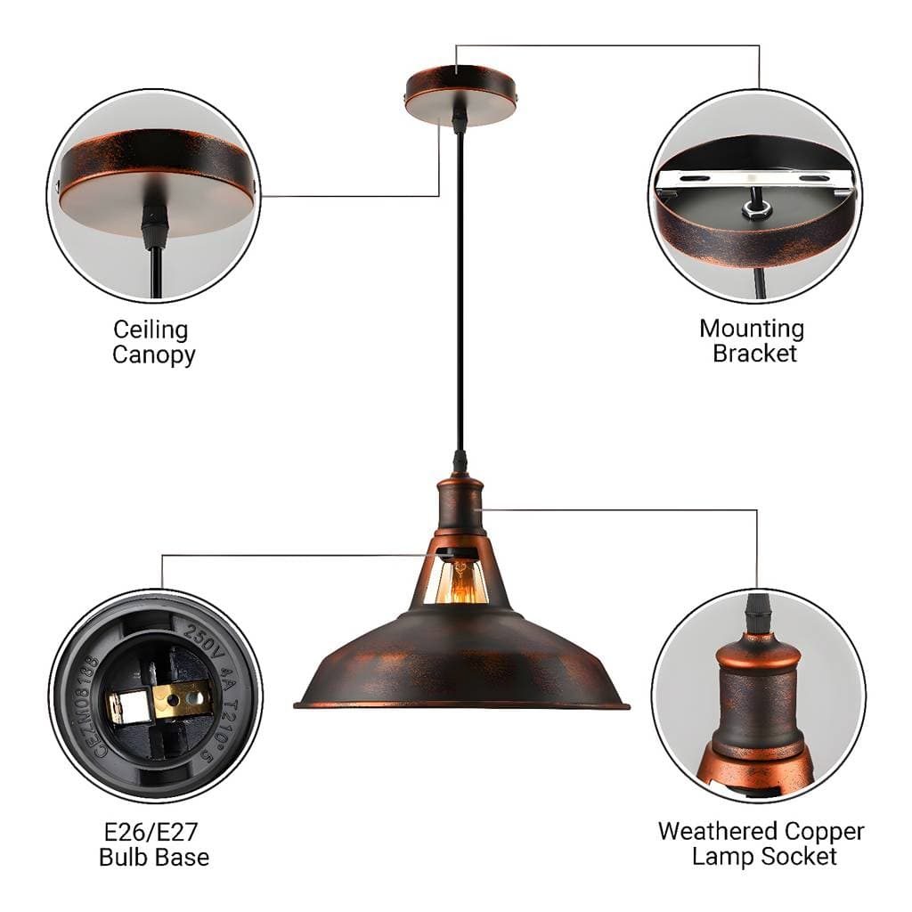 Suspension rustique en métal avec abat-jour grange, 1 ampoule, 10,5/12/15 pouces – product detail view 8