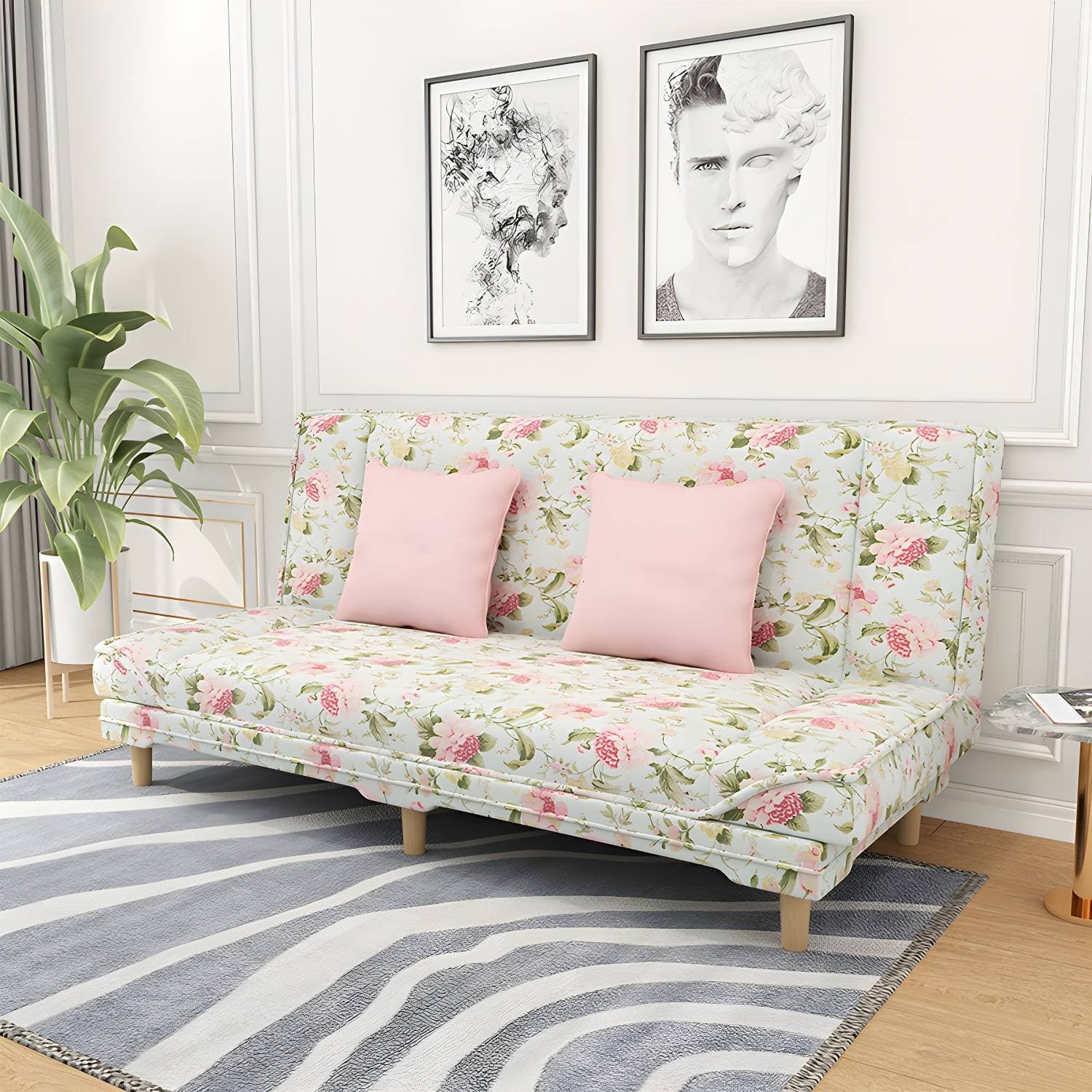 Contemporary Fabric Armless Standard Sofa Bed Dual Purpose Sofa for Living Room – 47"L x 19"W x 31.5"H / Pink/Green / Modern option