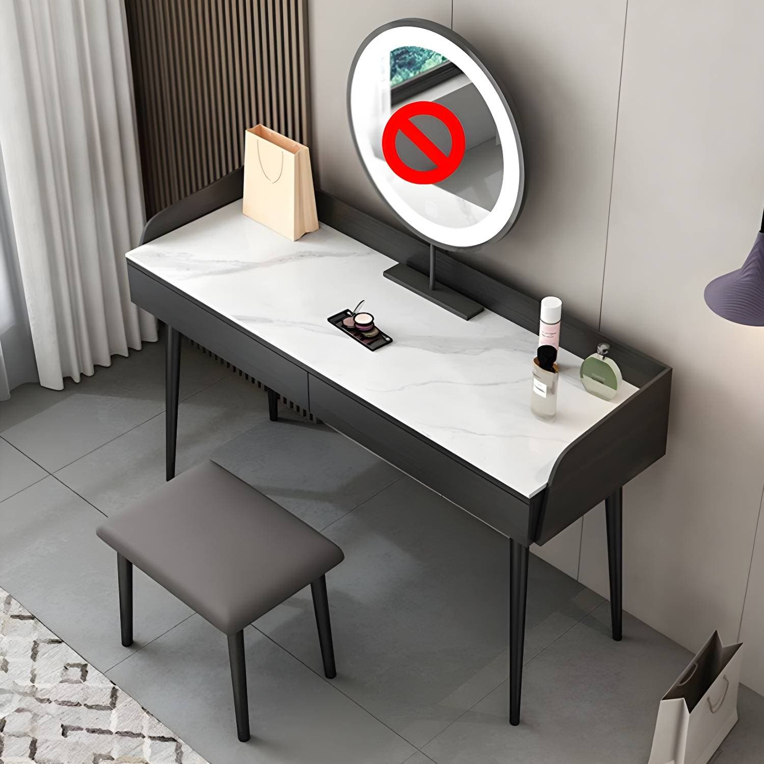 Contemporary Makeup Table Set with 2 Drawers, Black and White/Grey Make-up Vanity – product detail view 6