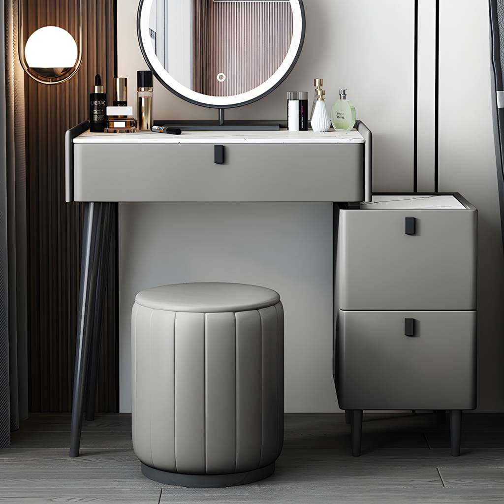 Toucador moderno com tampo de pedra, 1/3 gavetas e banco – Makeup Vanities