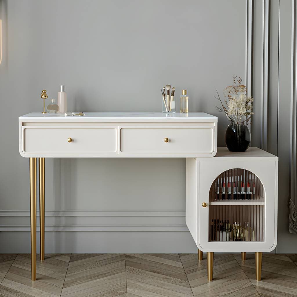Toucador em madeira branca com 2 gavetas e tampo de pedra – Makeup Vanities