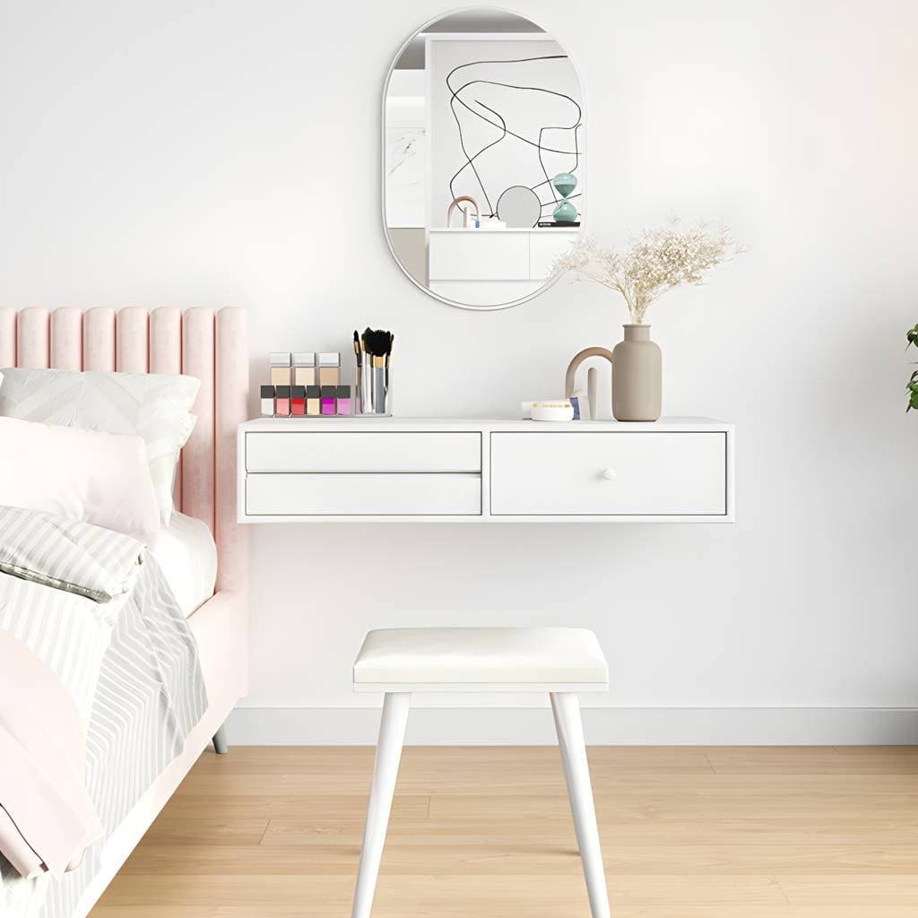 Toucador contemporâneo branco com 3 gavetas, espelho e banco – Makeup Vanities
