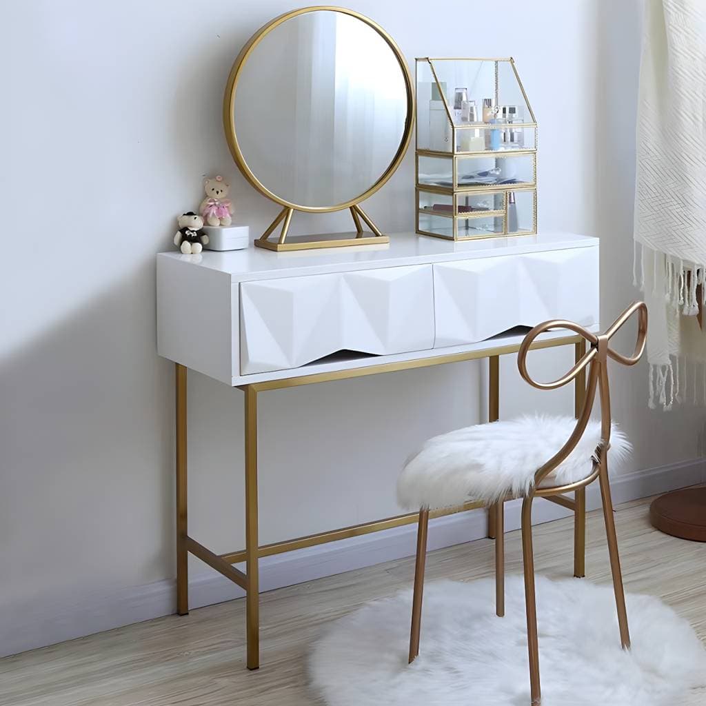 Toucador glamour em madeira e ferro branco com 31,5 polegadas de altura, espelho e banco – Makeup Vanities